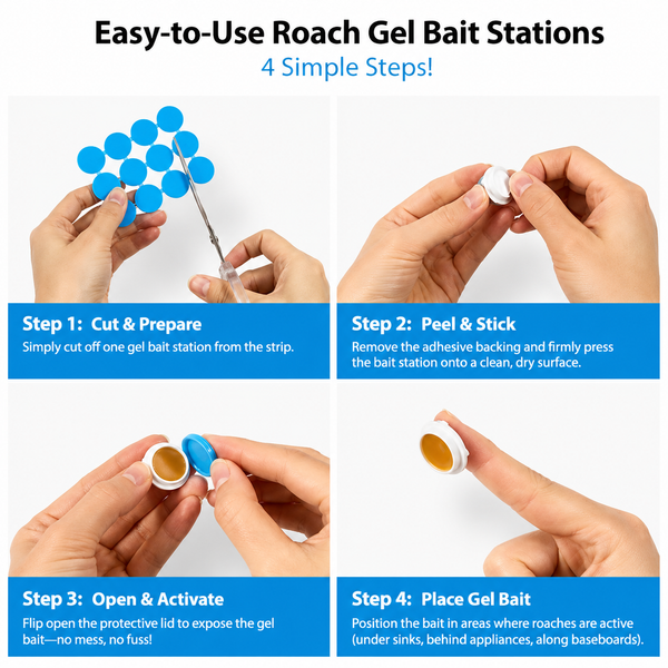 Cockroach gel bait station placed in kitchen cabinet corner