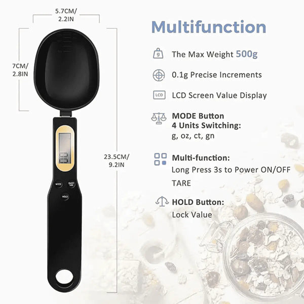 Electric kitchen scale spoon showing digital measuring spoon design